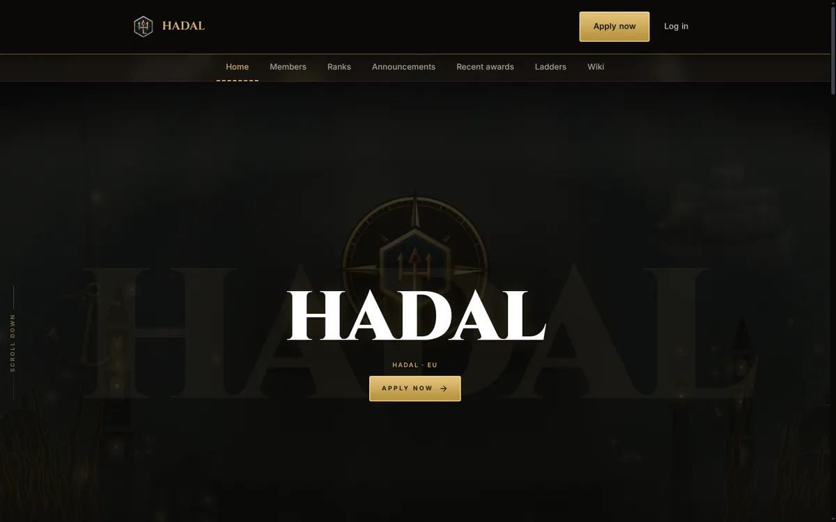 Front page of the HADAL guild site: a dark deep-sea scene with a compass-and-trident crest, a large white HADAL wordmark and a gold Apply now button under the navigation bar.