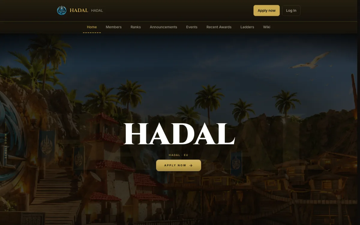 The front page of HADAL's guild site: a torchlit harbor town under palm trees, with the HADAL name and an Apply Now button.