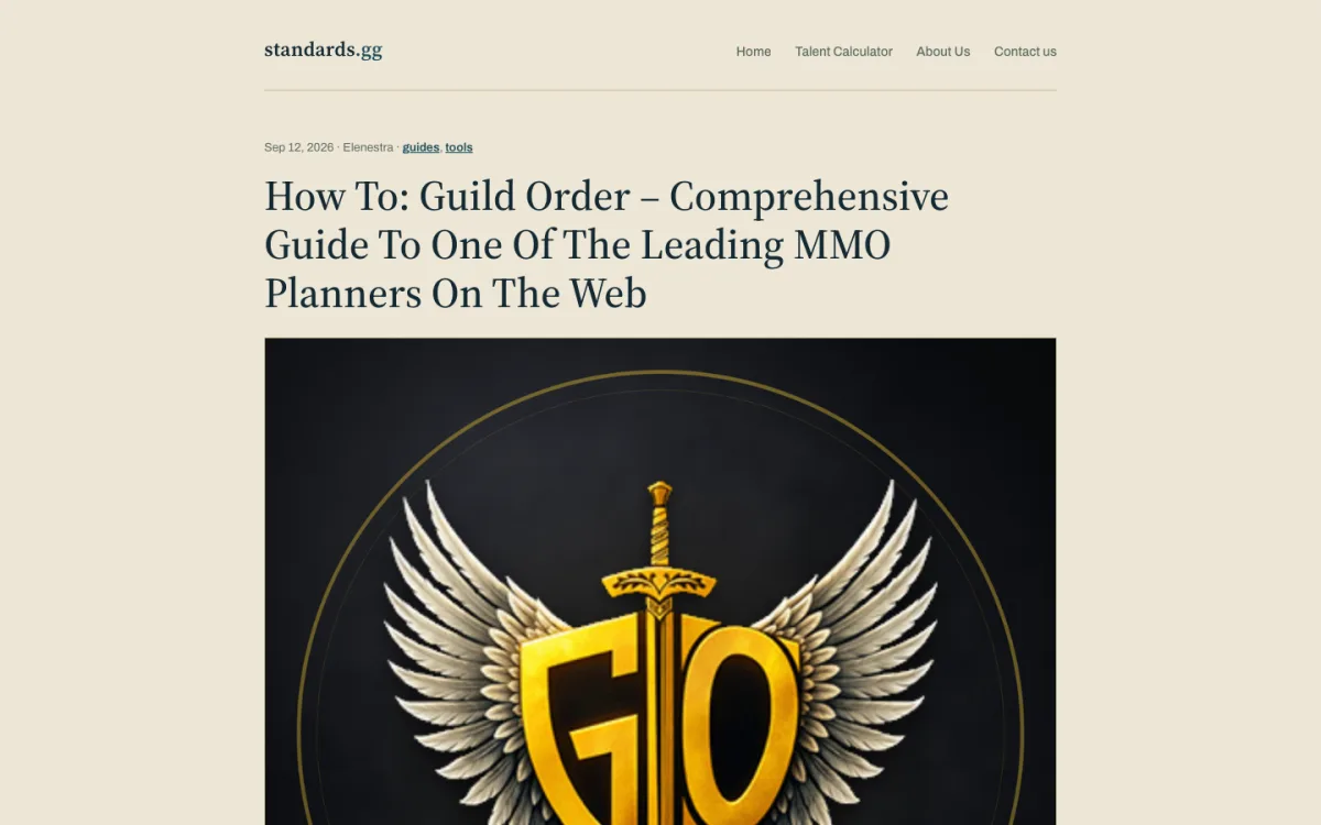 The opening of Elenestra's guide on standards.gg, dated September 12, 2026, above the Guild Order crest.